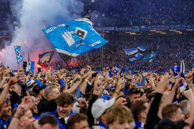 HSV promoted to Bundesliga 1 HSV celebrate with pyro flags Germany , Hamburg , Volksparkstadion , Football , Bundesliga 2 , Hamburger SV SSV Ulm