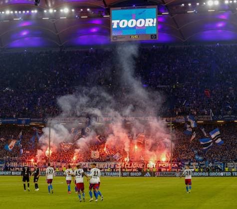 Goal celebration after the 4 1 HSV pyrotechnics fire north stand scoreboard Germany , Hamburg , Volksparkstadion , Football , 2 Bundesliga , Hamburger SV SSV Ulm