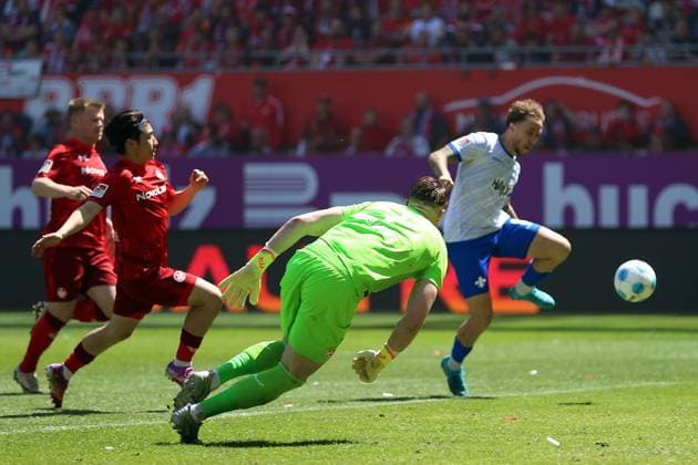 11 05 2025, xrekx, Soccer 2 Bundesliga, 1 FC Kaiserslautern SV Darmstadt 98 v l Goal kick to 0 1 by Luca Marseiler SV Darmstadt 98 DFL DFB REGULATIONS PROHIBIT ANY USE OF PHOTOGRAPHS as IMAGE SEQUENCES and or QUASI VIDEO Kaiserslautern