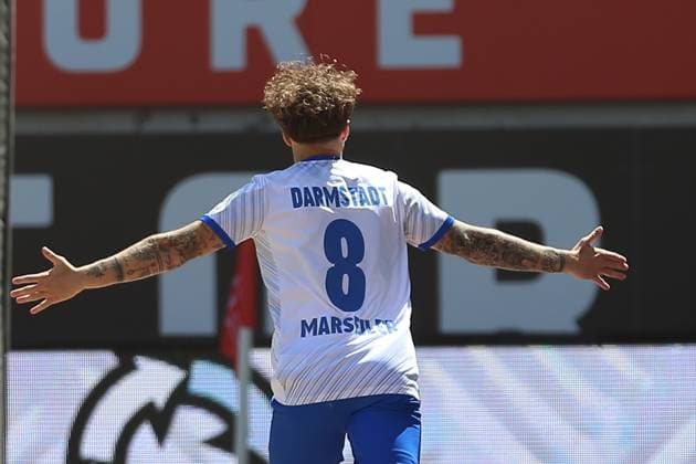 11 05 2025, xrekx, Fußball 2 Bundesliga, 1 FC Kaiserslautern SV Darmstadt 98 v l Torjubel nach dem Tor zum 0 1 celebrating the goal celebrate durch Luca Marseiler SV Darmstadt 98 DFL DFB REGULATIONS PROHIBIT ANY USE OF PHOTOGRAPHS as IMAGE SEQUENCES and or QUASI VIDEO Kaiserslautern