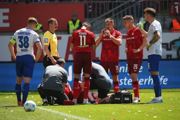 11 05 2025, xmohx, Soccer 2 Bundesliga, 1 FC Kaiserslautern SV Darmstadt 98 v l Marlon Ritter 1 FC Kaiserslautern injured, injury, pain, Pain Referee Referee Dr Robin Braun Clemens Riedel SV Darmstadt 98 Kevin Prince Redondo 1 FC Kaiserslautern Daniel Hanslik 1 FC Kaiserslautern Filip Kaloc 1 FC Kaiserslautern Matej Maglica SV Darmstadt 98 DFL DFB REGULATIONS PROHIBIT ANY USE OF PHOTOGRAPHS as IMAGE SEQUENCES and or QUASI VIDEO Kaiserslautern