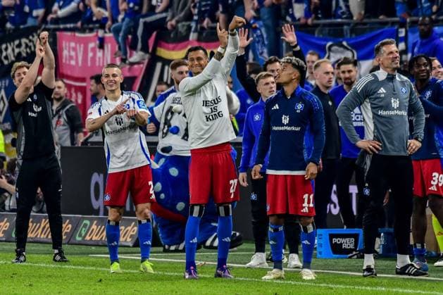 Miro Muheim Davie Selke Ransford Yeboah Königsdörffer HSV celebrate Daniel Elfadlis goal HSV not in picture Germany , Hamburg , Volksparkstadion , Football , 2 Bundesliga , Hamburger SV SSV Ulm