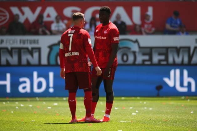 11 05 2025, xmohx, Soccer 2 Bundesliga, 1 FC Kaiserslautern SV Darmstadt 98 v l Marlon Ritter 1 FC Kaiserslautern Ragnar Ache 1 FC Kaiserslautern DFL DFB REGULATIONS PROHIBIT ANY USE OF PHOTOGRAPHS as IMAGE SEQUENCES and or QUASI VIDEO Kaiserslautern