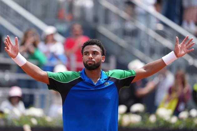 Arthur Fils of France celebrates during the match against Stefanos Tsitsipas Greece at the Internazionali BNL d Italia 2025 tennis tournament at Foro Italico in Rome, Italy on may 11, 2025. AntoniettaxBaldassarre