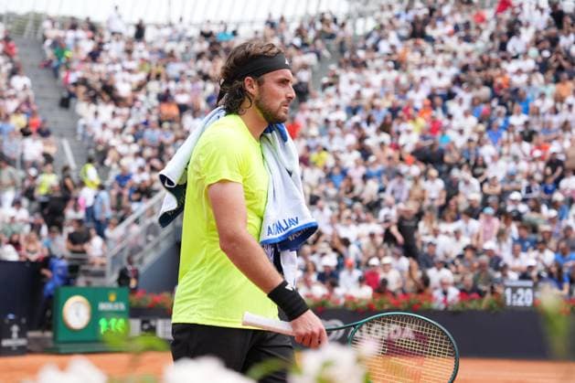 Stefanos Tsitsipas Greece during the match against Arthur Fils of France at the Internazionali BNL d Italia 2025 tennis tournament at Foro Italico in Rome, Italy on may 11, 2025. AntoniettaxBaldassarre
