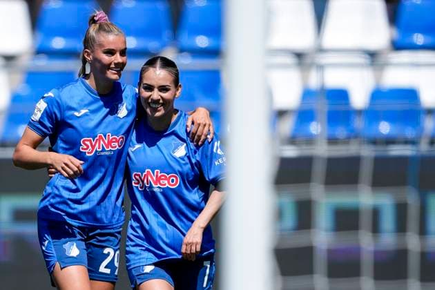 from left goal scorer Selina Cerci TSG, 29 , Ereleta Memeti TSG, 7 , players of TSG 1899 Hoffenheim, celebrate the goal to 2 0, jubilation, goal celebration, celebrate the goal, goal, celebration, cheers about the goal, rejoicing, joy, rejoices, optimistic, positive, game scene, highlight, action, action, 11 05 2025, Sinsheim Hoffenheim Germany , Soccer, Google Pixel Women Bundesliga, TSG 1899 Hoffenheim FC Carl Zeiss Jena, DFB DFL REGULATIONS PROHIBIT ANY USE OF PHOTOGRAPHS AS IMAGE SEQUENCES AND OR QUASI VIDEO xozx