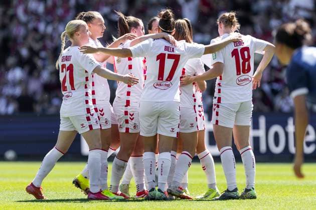 Google Pixel Frauen Bundesliga 1 FC Köln 1 FFC Turbine Potsdam, 11 05 2025 Cheering after the goal to 1 0 by Alena Bienz 1 FC Köln, 11 Google Pixel Frauen Bundesliga, 1 FC Köln 1 FFC Turbine Potsdam, 22 Spieltag, am 11 05 2025, Franz Kremer Stadion, Köln DFB regulations prohibit any use of photographs as image sequences and or quasi video Copyright: xBEAUTIFULxSPORTS Meuselx