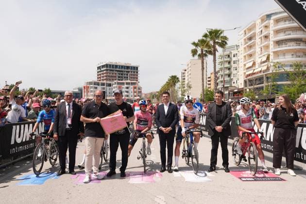 The start Roglic Primoz of Red Bull - Bora - Hansgrohe, pink jersey, Pedersen Mads of Lidl-Trek, cyclamen jersey, Moniquet Sylvain of Cofidis, blue jersey, Vacek Mathias of Lidl-Trek, White jersey during the stage 3 of the Giro d™Italia from Valona (Vlore) to Valona (Vlore) Albania - Sunday, May 11, 2025. - cycling.  Copyright: xMassimoxPaolone LaPressex