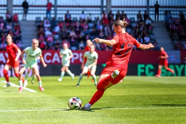 Klara Bühl 17 FC Bayern in action on the last matchday of the Google Pixel Womens Bundesliga FC Bayern Munich SGS Essen on 11 05 2025 Munich FC Bayern Campus Bayern Germany