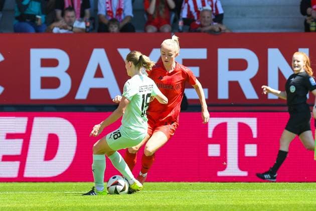 Soccer I Women I Season 2024 2025 I Bundesliga I 22 Matchday I FC Bayern Munich SGS Essen I 11 05 2025 Duel Lena Ostermeier 18, SGS Essen vs Lea Schüller 11, FC Bayern Munich Munich Ingolstädter Straße 272 Bavaria Germany Copyright: xLobeca InesxHähnelx