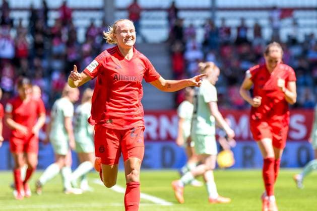 Pernille Harder 21 Bayern celebrates the 2-0 goal during the last matchday of the Google Pixel Womens Bundesliga FC Bayern Munich SGS Essen on 11 05 2025 Munich FC Bayern Campus Bayern Germany