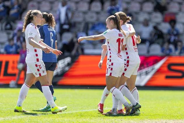 Google Pixel Frauen Bundesliga 1 FC Köln 1 FFC Turbine Potsdam, 11 05 2025 Cheering after the goal for the 2 0 lead by Taylor Ziemer 1 FC Köln, 18 Google Pixel Frauen Bundesliga, 1 FC Köln 1 FFC Turbine Potsdam, 22 Spieltag, am 11 05 2025, Franz Kremer Stadion, Köln DFB regulations prohibit any use of photographs as image sequences and or quasi video Copyright: xBEAUTIFULxSPORTS Meuselx