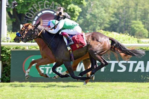 Sport Themen der Woche KW19 Sport Bilder des Tages 11.05.2025, Hoppegarten, Brandenburg, GER - Hoppegarten, Flatten the Curve (links) mit Thore Hammer-Hansen gewinnt das Oleander-Rennen. Galopprennbahn Hoppegarten. () 250511D708HOPPEGARTEN.JPG *** 11 05 2025, Hoppegarten, Brandenburg, GER Hoppegarten, Flatten the Curve left with Thore Hammer Hansen wins the Oleander Rennen Galopprennbahn Hoppegarten 250511D708HOPPEGARTEN JPG