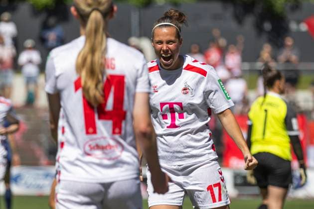 Google Pixel Frauen Bundesliga 1 FC Köln 1 FFC Turbine Potsdam, 11 05 2025 Nicole Billa 1 FC Köln, 17 cheers after her goal to lead 3 0 Google Pixel Frauen Bundesliga, 1 FC Köln 1 FFC Turbine Potsdam, 22 Spieltag, am 11 05 2025, Franz Kremer Stadion, Köln DFB regulations prohibit any use of photographs as image sequences and or quasi video Copyright: xBEAUTIFULxSPORTS Meuselx