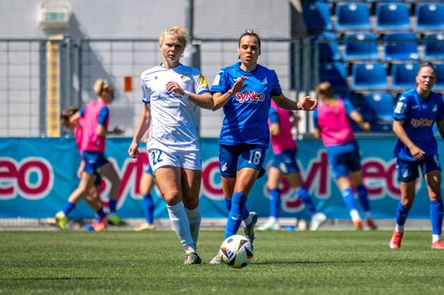 Google Pixel Womens Bundesliga, TSG Hoffenheim FC Carl Zeiss Jena 11 05 2025 duel Fiona Gaißer FC Carl Zeiss Jena, 22 and Julia Hickelsberger TSG Hoffenheim, 18 Google Pixel Womens Bundesliga, TSG Hoffenheim FC Carl Zeiss Jena, on 11 05 2025 at Dietmar Hopp Stadium in Hoffenheim DFB REGULATIONS PROHIBIT ANY USE OF PHOTOGRAPHS AS IMAGE SEQUENCES AND OR QUASI VIDEO Copyright: xBEAUTIFULxSPORTS Gelhardtx