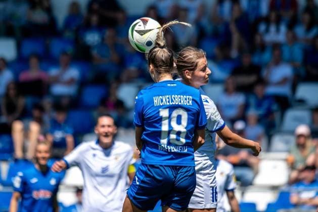 Google Pixel Womens Bundesliga, TSG Hoffenheim FC Carl Zeiss Jena 11 05 2025 Header duel Julia Hickelsberger TSG Hoffenheim, 18 and Lisa Gora FC Carl Zeiss Jena, 16 Google Pixel Womens Bundesliga, TSG Hoffenheim FC Carl Zeiss Jena, on 11 05 2025 at Dietmar Hopp Stadium in Hoffenheim DFB REGULATIONS PROHIBIT ANY USE OF PHOTOGRAPHS AS IMAGE SEQUENCES AND OR QUASI VIDEO Copyright: xBEAUTIFULxSPORTS Gelhardtx