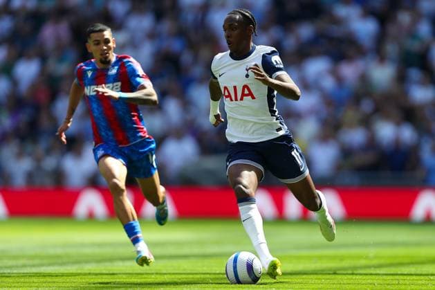 11th May 2025; Tottenham Hotspur Stadium, London, England; Premier League Football, Tottenham Hotspur versus Crystal Palace; Mathys Tel of Tottenham Hotspur runs away from Daniel Munoz of Crystal Palace  ActionPlus12786544 KatiexChan