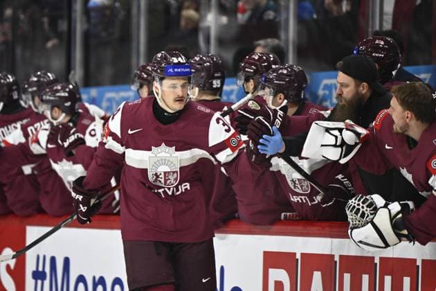 STOCKHOLM, SWEDEN 20250511 Latvias Eduards Tralmaks after scoring 1 0 during the IIHF Ice Hockey World Championship group A match between Latvia and Canada at Avicii Arena in Stockholm, Sweden, on May 11, 2025 STOCKHOLM SWEDEN x10430x  Copyright: xChristinexOlsson TTx ICE HOCKEY WC LATVIA-CANADA