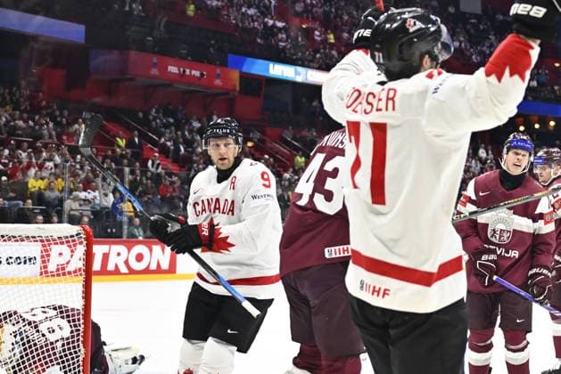 STOCKHOLM, SWEDEN 20250511 Canadas Nate MacKinnon 9 scores 1 2 during the IIHF Ice Hockey World Championship group A match between Latvia and Canada at Avicii Arena in Stockholm, Sweden, on May 11, 2025 STOCKHOLM SWEDEN x10430x  Copyright: xChristinexOlsson TTx ICE HOCKEY WC LATVIA-CANADA