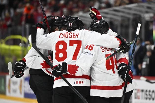 STOCKHOLM, SWEDEN 20250511 Canada celebrates 1 1 goal by Travis Konecny during the IIHF Ice Hockey World Championship group A match between Latvia and Canada at Avicii Arena in Stockholm, Sweden, on May 11, 2025 STOCKHOLM SWEDEN x10430x  Copyright: xChristinexOlsson TTx ICE HOCKEY WC LATVIA-CANADA