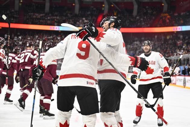 STOCKHOLM, SWEDEN 20250511 Canadas Nate MacKinnon 9 scores 1 2 during the IIHF Ice Hockey World Championship group A match between Latvia and Canada at Avicii Arena in Stockholm, Sweden, on May 11, 2025 STOCKHOLM SWEDEN x10430x  Copyright: xChristinexOlsson TTx ICE HOCKEY WC LATVIA-CANADA
