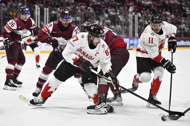 STOCKHOLM, SWEDEN 20250511 Canadas Sidney Crosby and Travis Konecny during the IIHF Ice Hockey World Championship group A match between Latvia and Canada at Avicii Arena in Stockholm, Sweden, on May 11, 2025 STOCKHOLM SWEDEN x10430x  Copyright: xChristinexOlsson TTx ICE HOCKEY WC LATVIA-CANADA