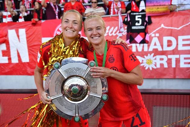 Magdalena Eriksson 5 FC Bayern and Pernille Harder 21 Bayern celebrate winning the German Google Pixel Womens Bundesliga 20024 2025 Championship on 11 05 2024 Munich FC Bayern Campus Bayern Germany