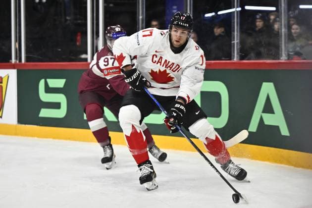 STOCKHOLM, SWEDEN 20250511 Canada s Will Cuylle and Latvia s Haralds Egle during the IIHF Ice Hockey World Championship group A match between Latvia and Canada at Avicii Arena in Stockholm, Sweden, on May 11, 2025 STOCKHOLM SWEDEN x10430x  Copyright: xChristinexOlsson TTx ICE HOCKEY WC LATVIA-CANADA