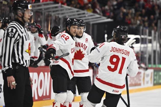 STOCKHOLM, SWEDEN 20250511 Canadas Kent Johnson scores 13 during the IIHF Ice Hockey World Championship group A match between Latvia and Canada at Avicii Arena in Stockholm, Sweden, on May 11, 2025 STOCKHOLM SWEDEN x10430x  Copyright: xChristinexOlsson TTx ICE HOCKEY WC LATVIA-CANADA