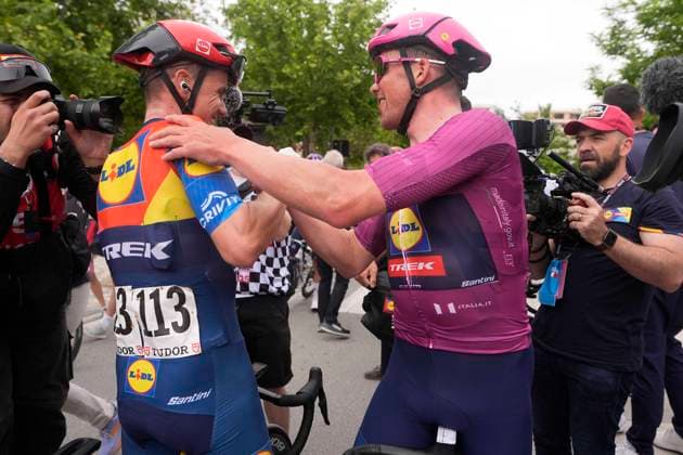 Konrad Patrick of Lidl-Trek and Pedersen Mads of Lidl-Trek, celebrates his victory after winning the stage 3 of the Giro d™Italia from Valona (Vlore) to Valona (Vlore) Albania - Sunday, May 11, 2025. - cycling.  Copyright: xFabioxFerrari LaPressex