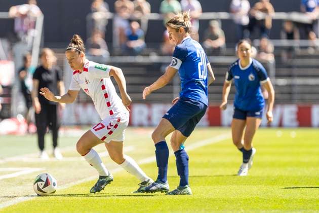 Google Pixel Frauen Bundesliga 1 FC Köln 1 FFC Turbine Potsdam, 11 05 2025 Nicole Billa 1 FC Köln, 17 , Bianca Schmidt 1 FFC Turbine Potsdam, 20 Google Pixel Frauen Bundesliga, 1 FC Köln 1 FFC Turbine Potsdam, 22 Spieltag, am 11 05 2025, Franz Kremer Stadion, Köln DFB regulations prohibit any use of photographs as image sequences and or quasi video Copyright: xBEAUTIFULxSPORTS Meuselx