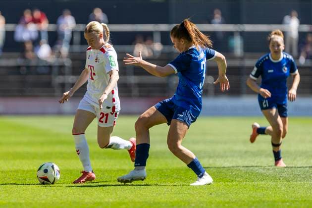 Google Pixel Frauen Bundesliga 1 FC Köln 1 FFC Turbine Potsdam, 11 05 2025 Anna Gerhardt 1 FC Köln, 21 , Emilie Bernhardt 1 FFC Turbine Potsdam, 31 Google Pixel Frauen Bundesliga, 1 FC Köln 1 FFC Turbine Potsdam, 22 Spieltag, am 11 05 2025, Franz Kremer Stadion, Köln DFB regulations prohibit any use of photographs as image sequences and or quasi video Copyright: xBEAUTIFULxSPORTS Meuselx