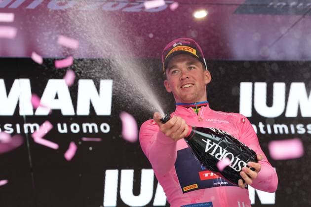 Pedersen Mads of Lidl-Trek pink jersey celebrates his victory on the podium after winning the stage 3 of the Giro d™Italia from Valona (Vlore) to Valona (Vlore) Albania - Sunday, May 11, 2025. - cycling.  Copyright: xGianxMattiaxD Alberto LaPressex