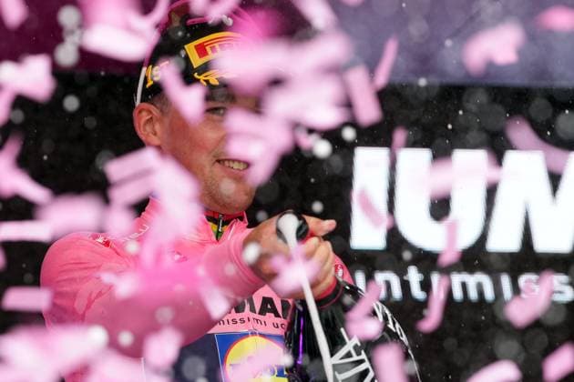 Pedersen Mads of Lidl-Trek pink jersey celebrates his victory on the podium after winning the stage 3 of the Giro d™Italia from Valona (Vlore) to Valona (Vlore) Albania - Sunday, May 11, 2025. - cycling.  Copyright: xGianxMattiaxD Alberto LaPressex