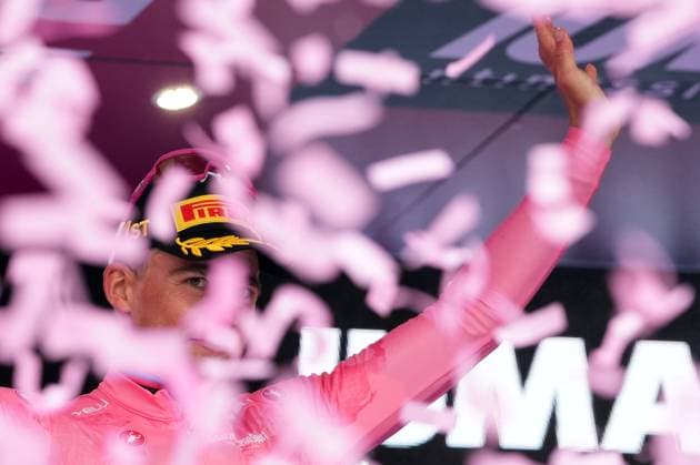 Pedersen Mads of Lidl-Trek pink jersey celebrates his victory on the podium after winning the stage 3 of the Giro d™Italia from Valona (Vlore) to Valona (Vlore) Albania - Sunday, May 11, 2025. - cycling.  Copyright: xGianxMattiaxD Alberto LaPressex