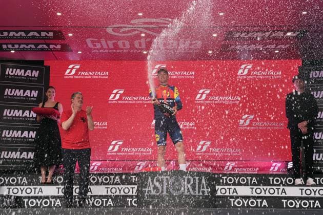 Pedersen Mads of Lidl-Trek celebrates his victory on the podium after winning the stage 3 of the Giro d™Italia from Valona (Vlore) to Valona (Vlore) Albania - Sunday, May 11, 2025. - cycling.  Copyright: xMassimoxPaolone LaPressex