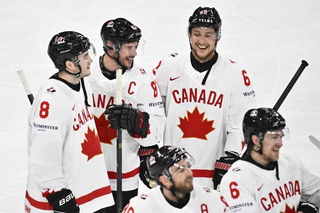 STOCKHOLM, SWEDEN 20250511 Canadian players celebrate after winning the victor during the IIHF Ice Hockey World Championship group A match between Latvia and Canada at Avicii Arena in Stockholm, Sweden, on May 11, 2025 STOCKHOLM SWEDEN x10430x  Copyright: xChristinexOlsson TTx ICE HOCKEY WC LATVIA-CANADA