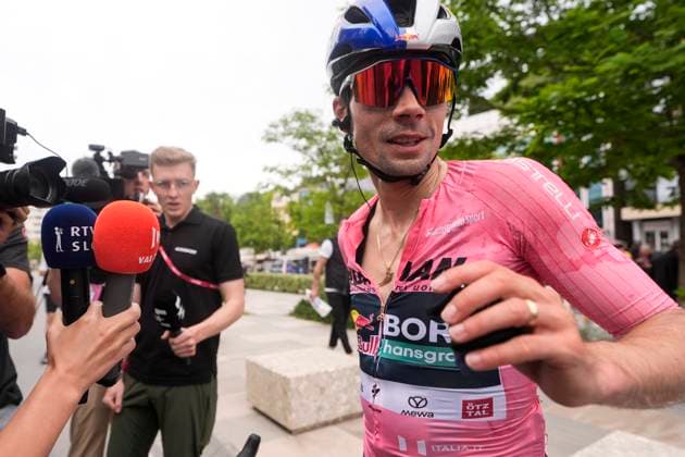 Rogli? Primo? of Red Bull - Bora - Hansgrohe after a stage 3 with Konrad Patrick of Lidl-Trek of the Giro dÕItalia from Valona (Vlore) to Valona (Vlore) , Albania - Sunday, May 11, 2025. - cycling.  Copyright: xFabioxFerrari LaPressex