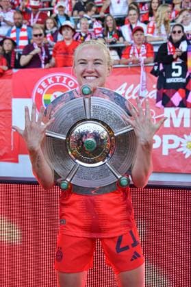 Pernille Harder 21 Bayern celebrates winning the German Google Pixel Womens Bundesliga 20024 2025 Championship with the championship trophy on 11 05 2024 Munich FC Bayern Campus Bayern Germany