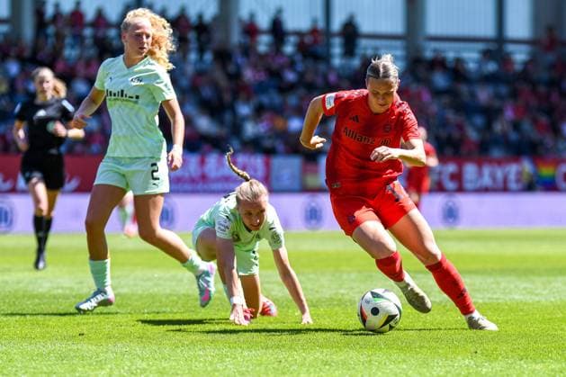 Klara Bühl 17 FC Bayern in action on the last matchday of the Google Pixel Womens Bundesliga FC Bayern Munich SGS Essen on 11 05 2025 Munich FC Bayern Campus Bayern Germany