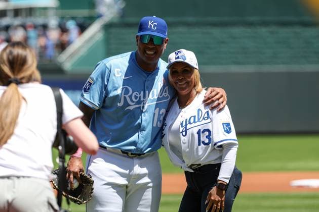 May 11, 2025: Kansas City Royals first baseman Salvador Perez (13) poses for a photo with his mother, Yilda Diaz, before a game against the Boston Red Sox at Kauffman Stadium in Kansas City, MO. CSM Kansas City United States of America - ZUMAc04_ 20250511_zma_c04_051 Copyright: xDavidxSmithx