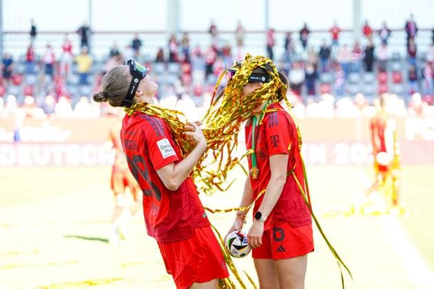 Michelle Ulbrich 28 Bayern and Tuva Hansen 6 FC Bayern celebrate winning the German Google Pixel Womens Bundesliga 20024 2025 Championship on 11 05 2024 Munich FC Bayern Campus Bayern Germany