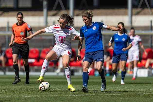 Google Pixel Frauen Bundesliga 1 FC Köln 1 FFC Turbine Potsdam, 11 05 2025 Lotta Cordes 1 FC Köln, 6 , Bianca Schmidt 1 FFC Turbine Potsdam, 20 Google Pixel Frauen Bundesliga, 1 FC Köln 1 FFC Turbine Potsdam, 22 Spieltag, am 11 05 2025, Franz Kremer Stadion, Köln DFB regulations prohibit any use of photographs as image sequences and or quasi video Copyright: xBEAUTIFULxSPORTS Meuselx