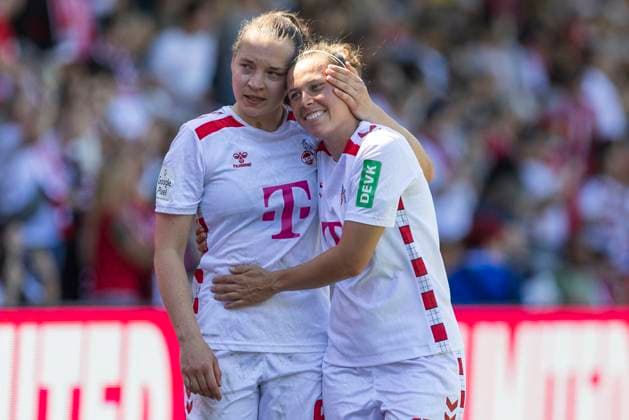 Google Pixel Frauen Bundesliga 1 FC Köln 1 FFC Turbine Potsdam, 11 05 2025 Lotta Cordes 1 FC Köln, 6 with Nicole Billa 1 FC Köln, 17 Google Pixel Frauen Bundesliga, 1 FC Köln 1 FFC Turbine Potsdam, 22 Spieltag, am 11 05 2025, Franz Kremer Stadion, Köln DFB regulations prohibit any use of photographs as image sequences and or quasi video Copyright: xBEAUTIFULxSPORTS Meuselx