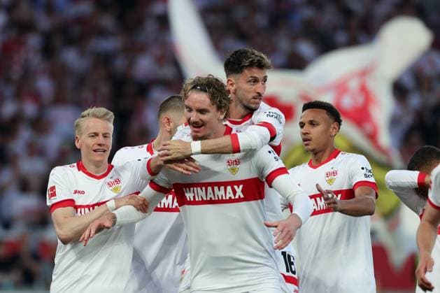 Stuttgart , Bundesliga soccer VfB Stuttgart vs FC Augsburg, f l Chris Führich VfB Nick Woltemade VfB Atakan Karazor VfB Luca Jaquez VfB According to the regulations of the DFL German Soccer League, it is prohibited to use or have used photographs taken in the stadium and or of the match in the form of sequential images and or video-like photo series