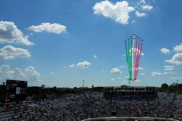 the passage of the tricolour arrows planes during the 4th round Peyton Stearns (USA) against Naomi Osaka (JPN) of the WTA, Tennis Damen Master 1000 Internazionali BNL d™Italia tournament at Foro Italico on May 12, 2025 (Alfredo Falcone LaPresse)  Copyright: xAlfredoxFalcone LaPressex