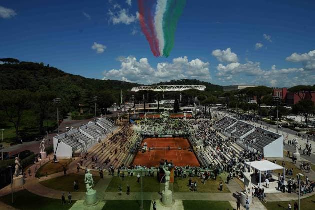 the passage of the tricolour arrows planes during the 4th round Peyton Stearns (USA) against Naomi Osaka (JPN) of the WTA, Tennis Damen Master 1000 Internazionali BNL d™Italia tournament at Foro Italico on May 12, 2025 (Alfredo Falcone LaPresse)  Copyright: xAlfredoxFalcone LaPressex