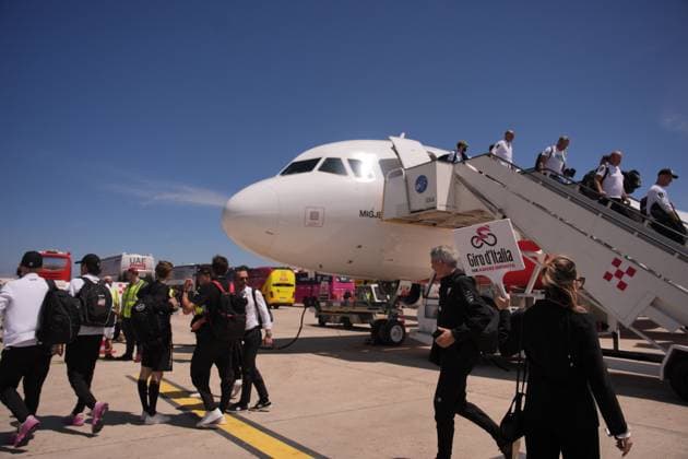 Cyclists and the entire caravan of the cycling race arrived from Tirana witha flight to Brindisi, italy Friday, May 12, 2025. - cycling.  Copyright: xMarcoxAlpozzi LaPressex