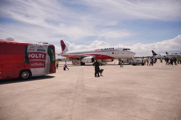 Cyclists and the entire caravan of the cycling race arrived from Tirana witha flight to Brindisi, italy Friday, May 12, 2025. - cycling.  Copyright: xMarcoxAlpozzi LaPressex