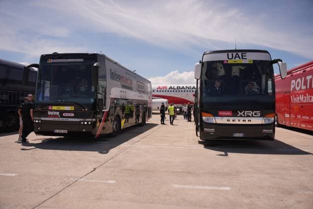 Cyclists and the entire caravan of the cycling race arrived from Tirana witha flight to Brindisi, italy Friday, May 12, 2025. - cycling.  Copyright: xMarcoxAlpozzi LaPressex
